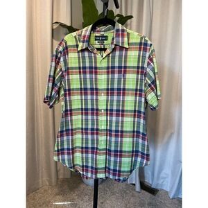 Ralph Lauren Mens Classic Fit Short Sleeve Plaid Button Down Shirt Green Multi L